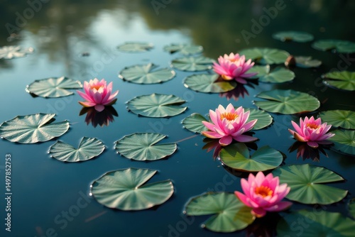 Water lilies form intricate floral pattern on calm lake surface, floral pattern, nature
