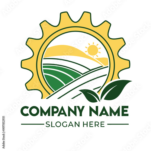 Agricultural Technology Logo with Gear, Farm Fields, and Leaf Elements Symbolizing Innovation and Growth.