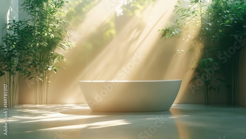 Tranquil bathroom bathed in sunlight, lush greenery