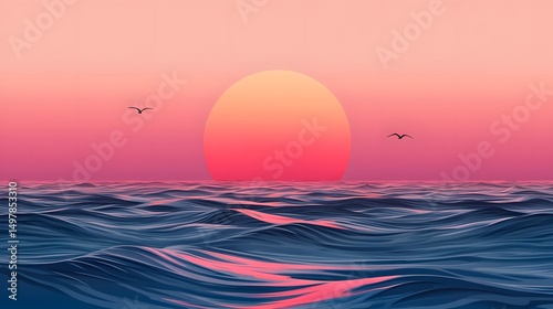 Serene ocean sunset with waves and birds