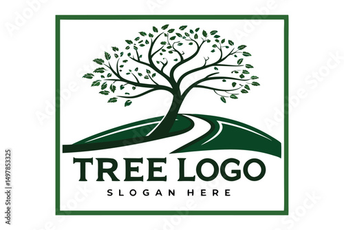 Green Tree on Hill Logo Design with Path, Perfect for Environmental and Sustainable Businesses, Forest Conservation.