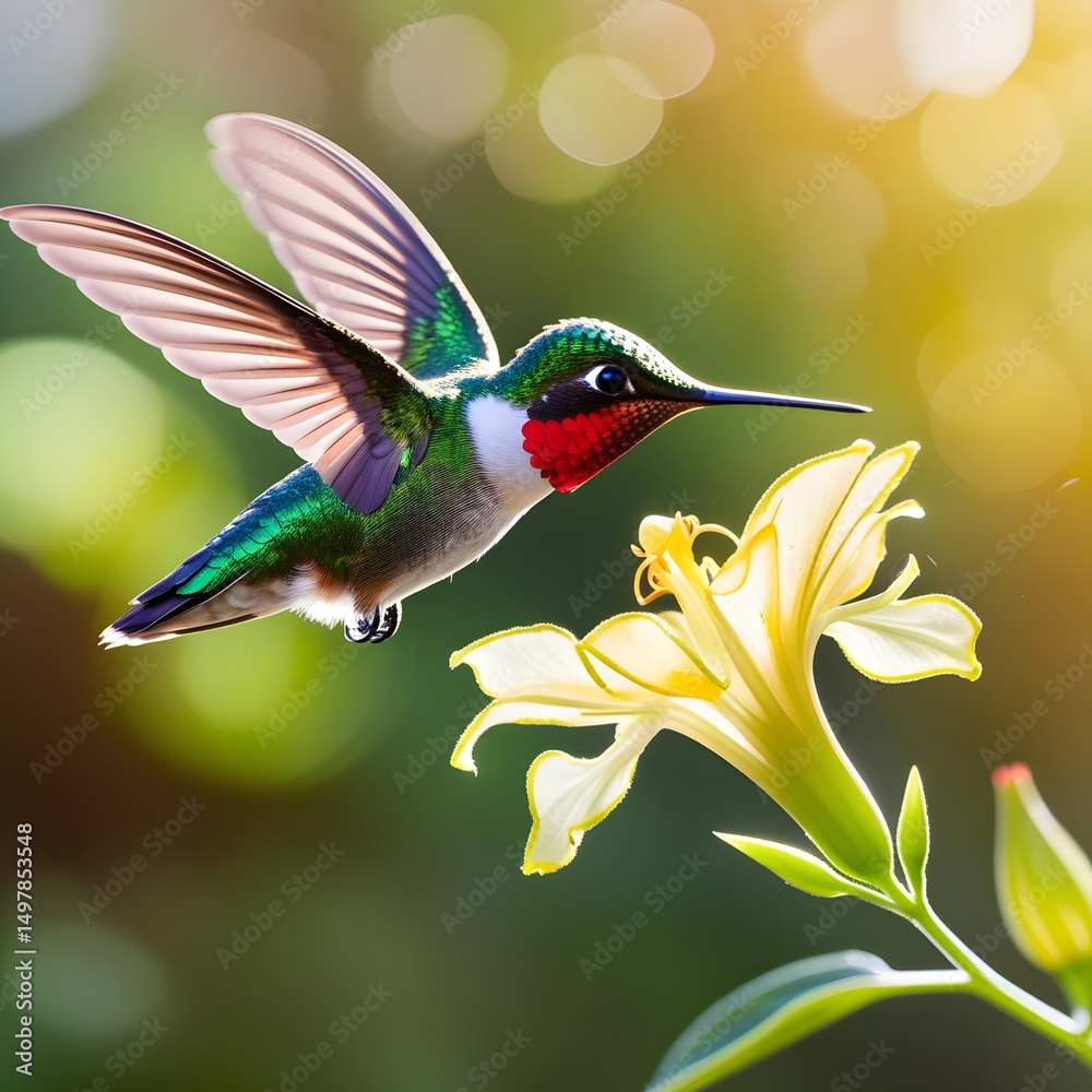 Obraz premium Hummingbird flying to a tropical flower, an illustration of a tiny wild bird with colorful wings and a long beak