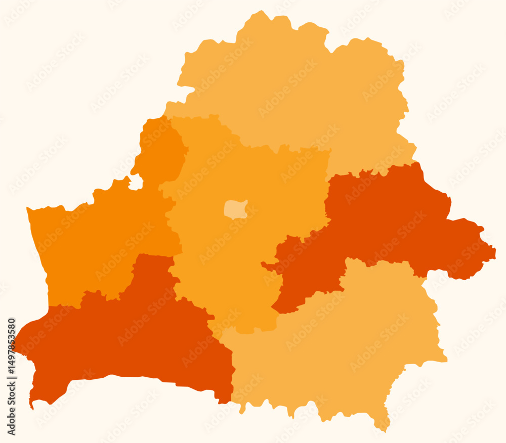 Obraz premium Map of Belarus with regions. Just a simple country border map with region division. Orange color palette. Flat Republic of Belarus shape with administrative division. Vector illustration.