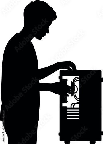 Silhouette of person assembling computer chassis in profile black vector illustration