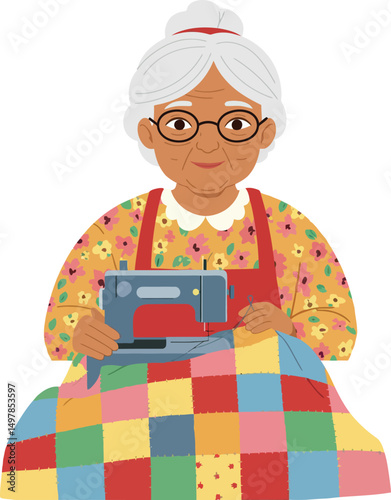 Elderly woman sewing patchwork quilt with colorful fabric and vintage sewing machine vector illustration