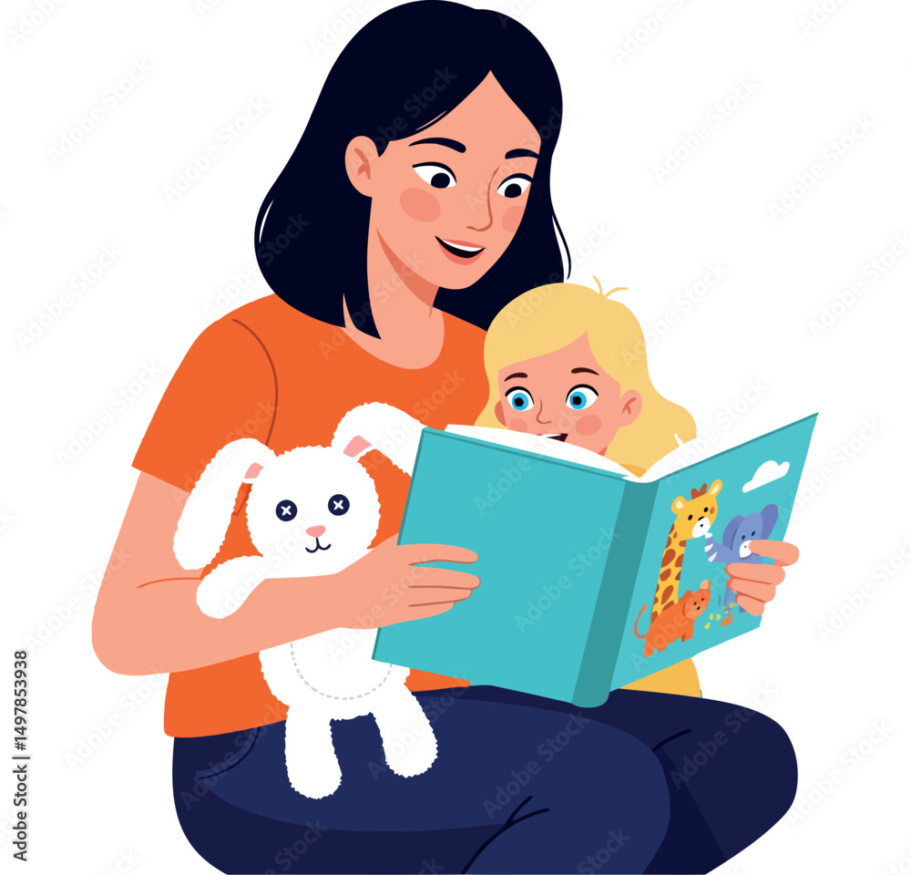 Mother reading children book with white bunny plush toy and toddler in lap vector illustration