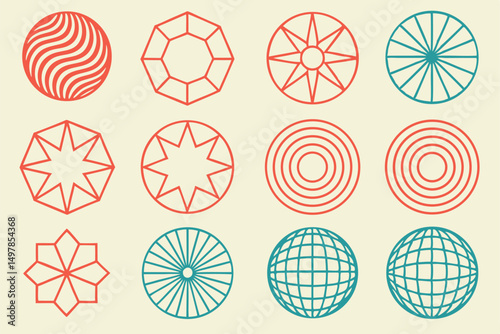 Twelve abstract icon designs featuring swirl cube arc and cross motifs in a versatile icon set