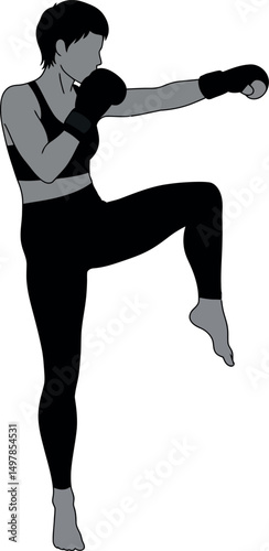 Female kickboxing athlete performing high knee strike silhouette vector illustration