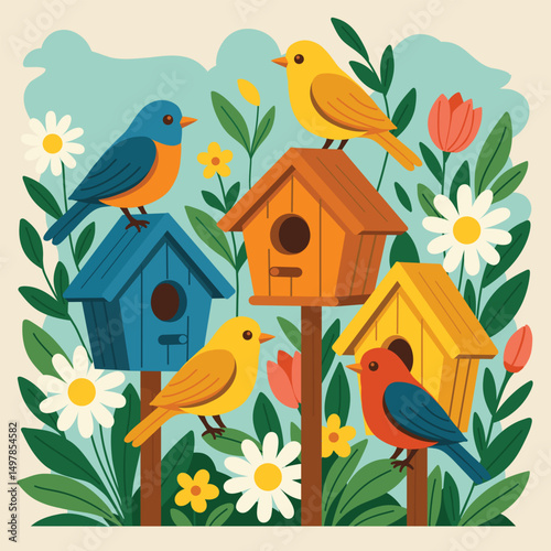 Bright illustration of birdhouses with colorful birds and blooming spring flowers. Cheerful flat style design with daisies and tulips. Perfect for nature themes and spring cards.