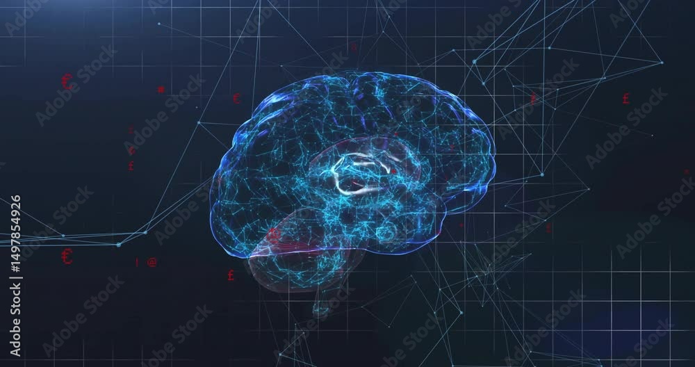 Upon emerging glowing 3D brain rotating via side and front view pulsing networks to visualize data