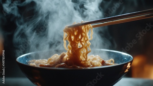 Steaming Bowl of Noodles, Asian Cuisine, Delicious Food Photography photo
