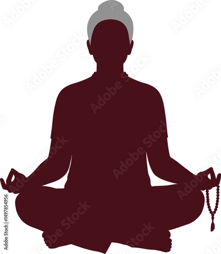 Woman meditating with rosary beads in lotus pose silhouette vector illustration calm mindfulness practice