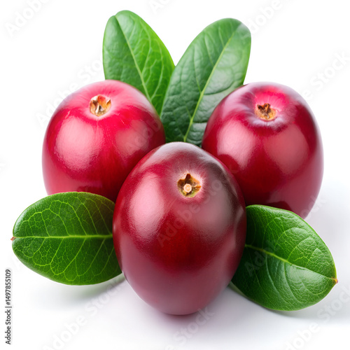 Three ripe cranberries with vibrant green leaves isolated on white background