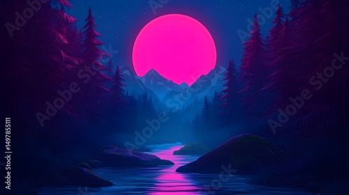 A dramatic landscape with a vibrant neon moon over a serene lake  long title A stunning surreal