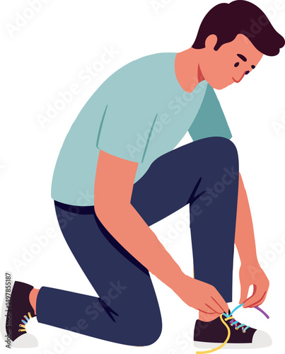 Man tying shoelaces in casual clothing kneeling on one knee vector illustration