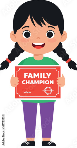 Girl holding family champion sign smiling cheerful cartoon character vector illustration