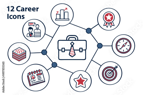 Twelve professional career icons set featuring briefcase tie cv handshake and more job related images