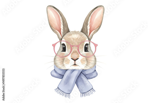 Adorable Watercolor Rabbit Wearing Glasses and Scarf