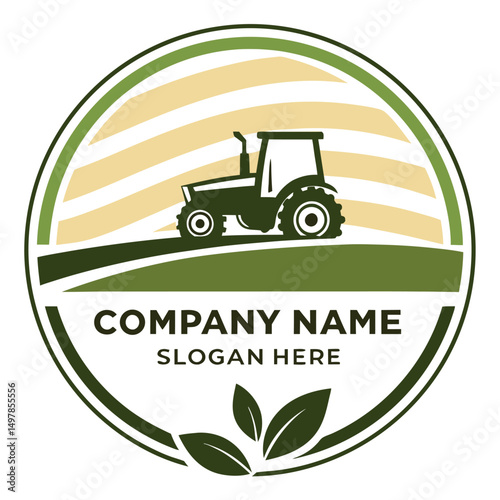 Farming Tractor Logo Design for Agricultural Business, Organic Food, and Rural Lifestyle Company with Farm Field Background.
