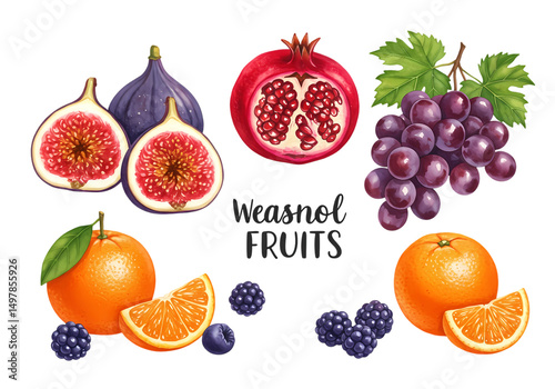 Assortment of Fresh Fruits Pomegranate Figs Oranges Grapes Blackberries