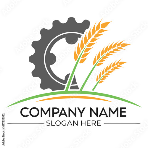 Modern agriculture and farming logo design with wheat and gear. Agricultural industrial company emblem template.