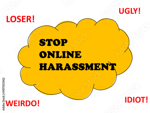 Yellow speech bubble with word Stop Online Harassment and negative comments.