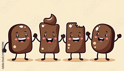 Sweet Companions: A delightful illustration of four cheerful chocolate characters holding hands, celebrating joy and togetherness in a playful style. 