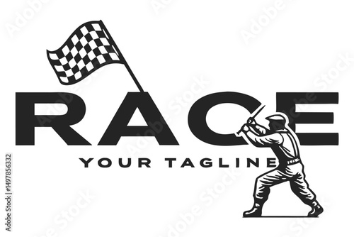 Racer waving checkered flag in monochrome design, perfect for race promotion and branding with customizable tagline beneath text.