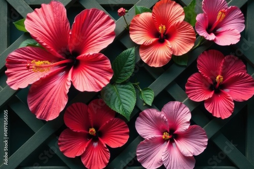 Bold hibiscus blooms arranged in a square lattice , hibiscus, tropical