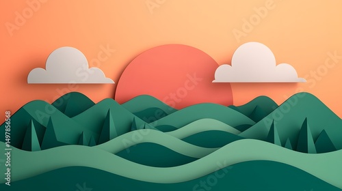 Geometric mountain landscape at sunset