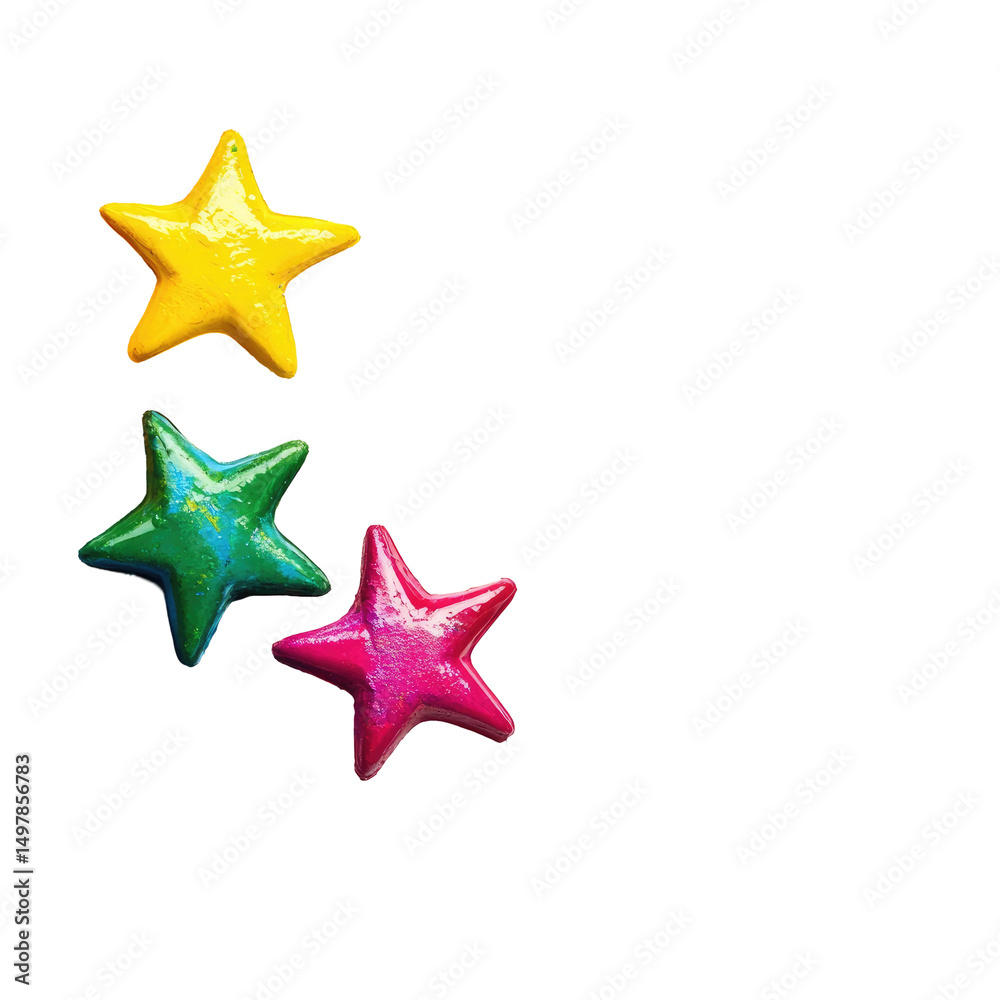 Three brightly colored stars, yellow, green, and pink, against a black background. They appear 3D and glossy Three brightly colored stars, yellow, green, and pink, against a black background. They appear 3D and glossy