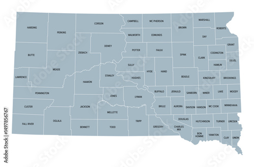 South Dakota, U.S. state, subdivided into 66 counties, gray political map with borders and county names. State in the North Central region of the United States.