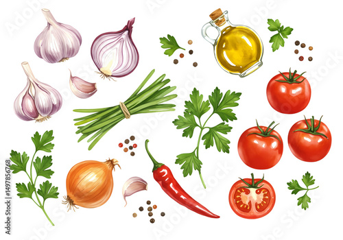 Fresh Herbs and Vegetables with Olive Oil for Cooking