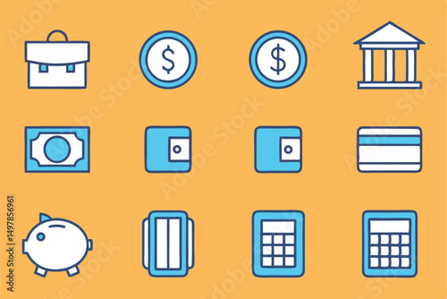 Twelve high quality finance and banking icons including a wallet design element for financial applications