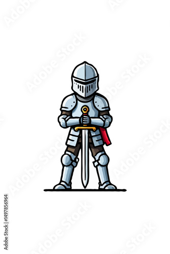 Armored Knight Warrior Cartoon Character Holding Sword in Helmet and Harness