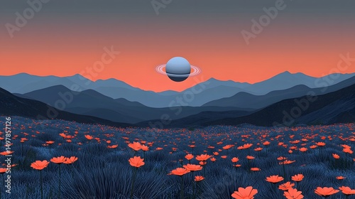 Surreal mountain landscape with glowing alien orb at sunset