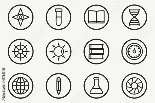 Twelve educational subject icons depicting math physics and chemistry concepts