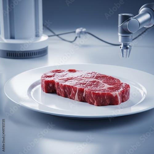 Lab-Grown Meat Steak on Sterile Plate Futuristic Food Concept