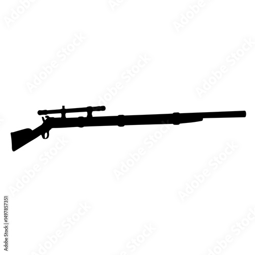 Silhouette of Precision: An isolated silhouette of a high-powered rifle, poised with a scope, represents the power of precision. It embodies strategic planning, hunting, marksmanship, and security. 