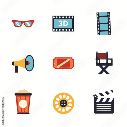 Flat design illustration featuring a set of cinema-related icons, including 3D glasses, film reels, director’s chair, popcorn, megaphone, and clapperboard, arranged in a grid on a white background