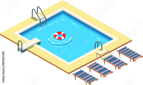 Square swimming pool with multiple ladders, striped loungers, and a floating lifebuoy. Minimalist isometric vacation illustration