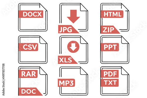 File Format Icons: Document Types, including DOCX, JPG, HTML, ZIP, CSV, XLS, PPT, RAR, DOC, MP3, PDF, and TXT