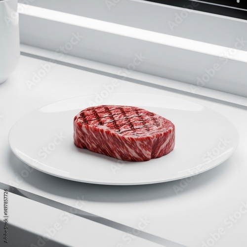 Lab-Grown Meat Steak on Sterile Plate Futuristic Food Concept
