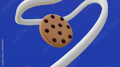 Rotating 3D Chocolate Chip Cookie and Milk Splash on Blue Screen