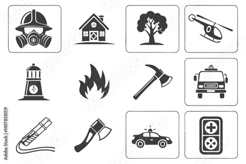 Emergency Service Icons Collection: Firefighter, Equipment, and Response Vehicles, Black and White Vector Illustration.