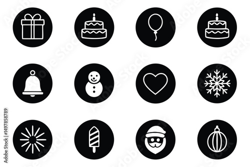 Twelve black holiday icons featuring gift and cake designs for digital use