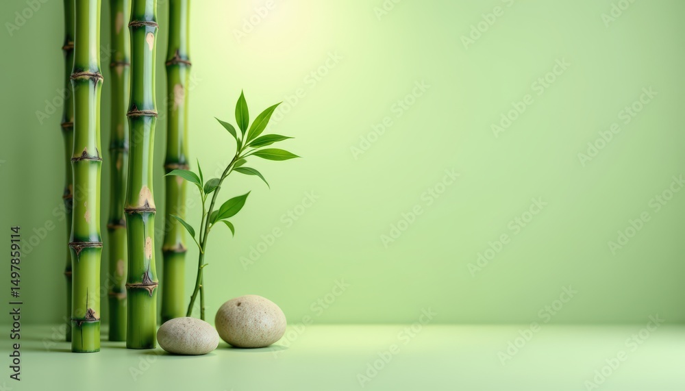 Fototapeta premium A green background with bamboo and rocks