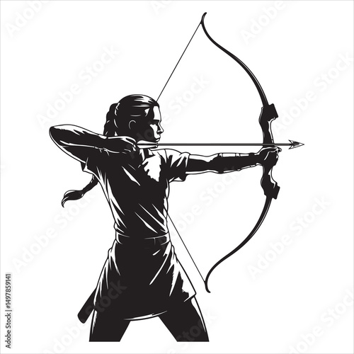 Black Silhouette of Female Archer Aiming Bow Standing Side View