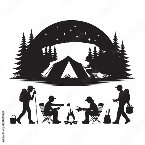 Black Silhouette Vector Set of Campers and Outdoor Activities in Forest Scene