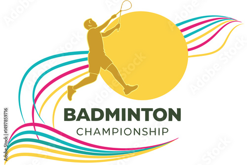 Badminton Championship Vector Logo with Player Silhouette, Shuttlecock Background, and Decorative Lines for Sports Events.